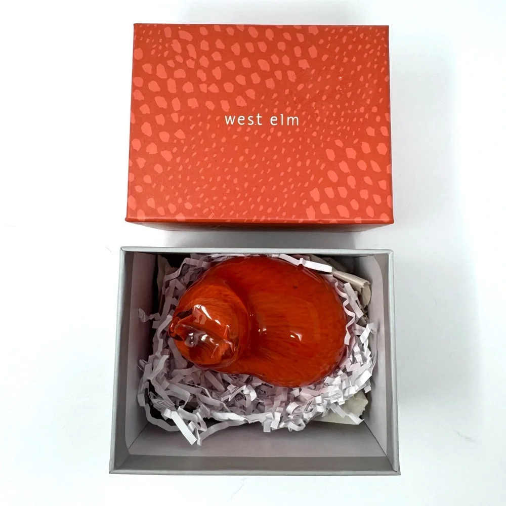 WEST ELM orange glass cat paperweight, NWOT